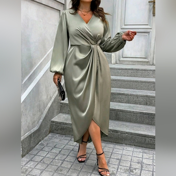 New Draped Wrap Front Lantern Long Sleeve Dress Satin PLUS Light Green - Picture 2 of 7